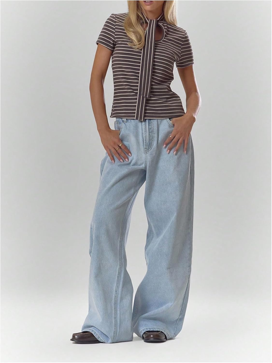 Milumia Women's Striped T Shirt Tie Front Short Sleeve Going Out Tee Tops - Image 5