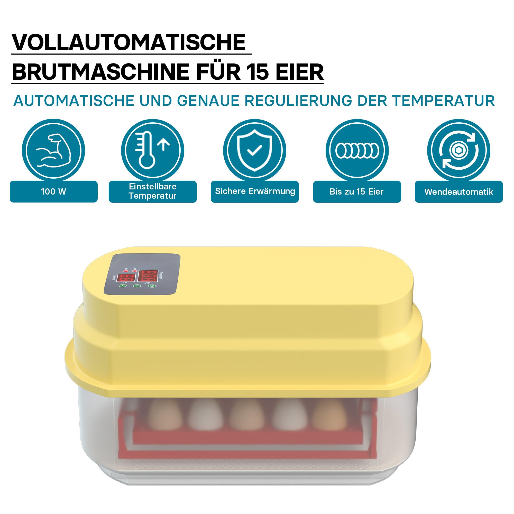 Wiltec Automatische Brutmaschine für 15 Eier, Inkubator mit vollautomatischem Wendesystem, Brutautomat mit Temperatursteuerung und Feuchtigskeitsregulierung, Brutkasten zum Eier ausbrüten