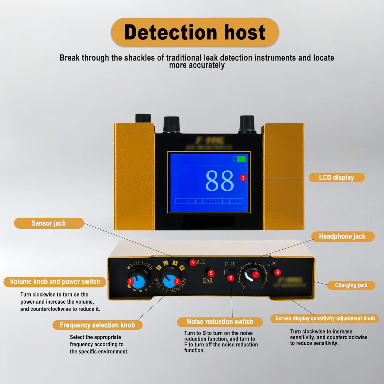 Detector de fugas de agua subterránea con pantalla digital y auriculares, monitor de fugas de tubería de agua para detección y alarma