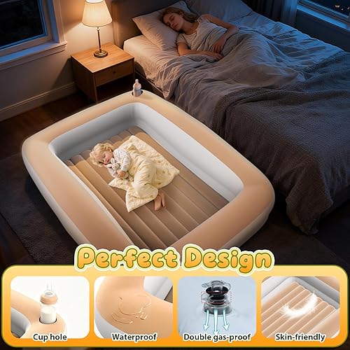 Miniatura 5 de Cama inflable de viaje para niños pequeños, cama inflable portátil de 67 pulgadas con lados de seguridad, colchón de aire para niños con bomba