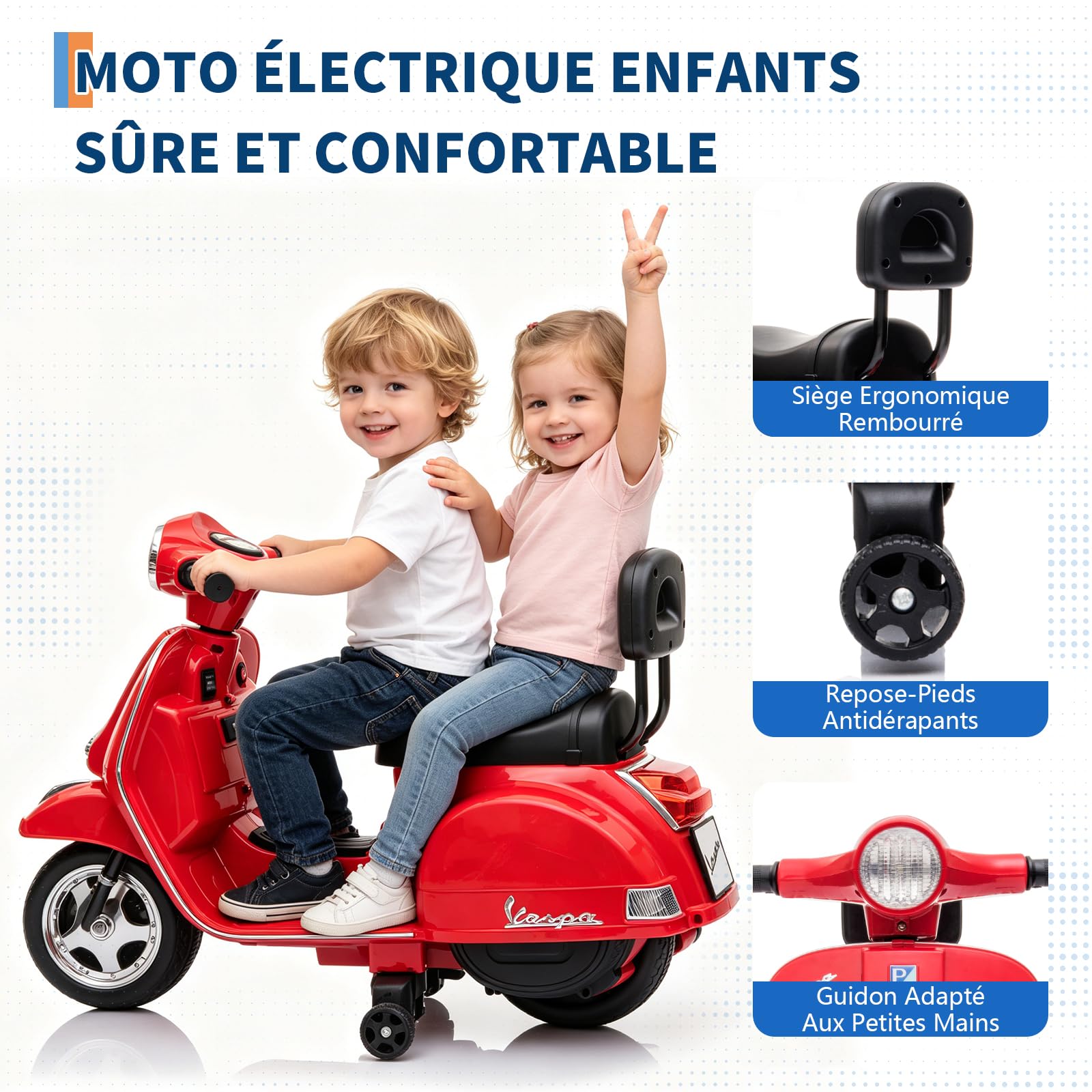 Garvee Moto Électrique Enfants Licence Vespa 6V Phares Et Musique 2-5 Ans