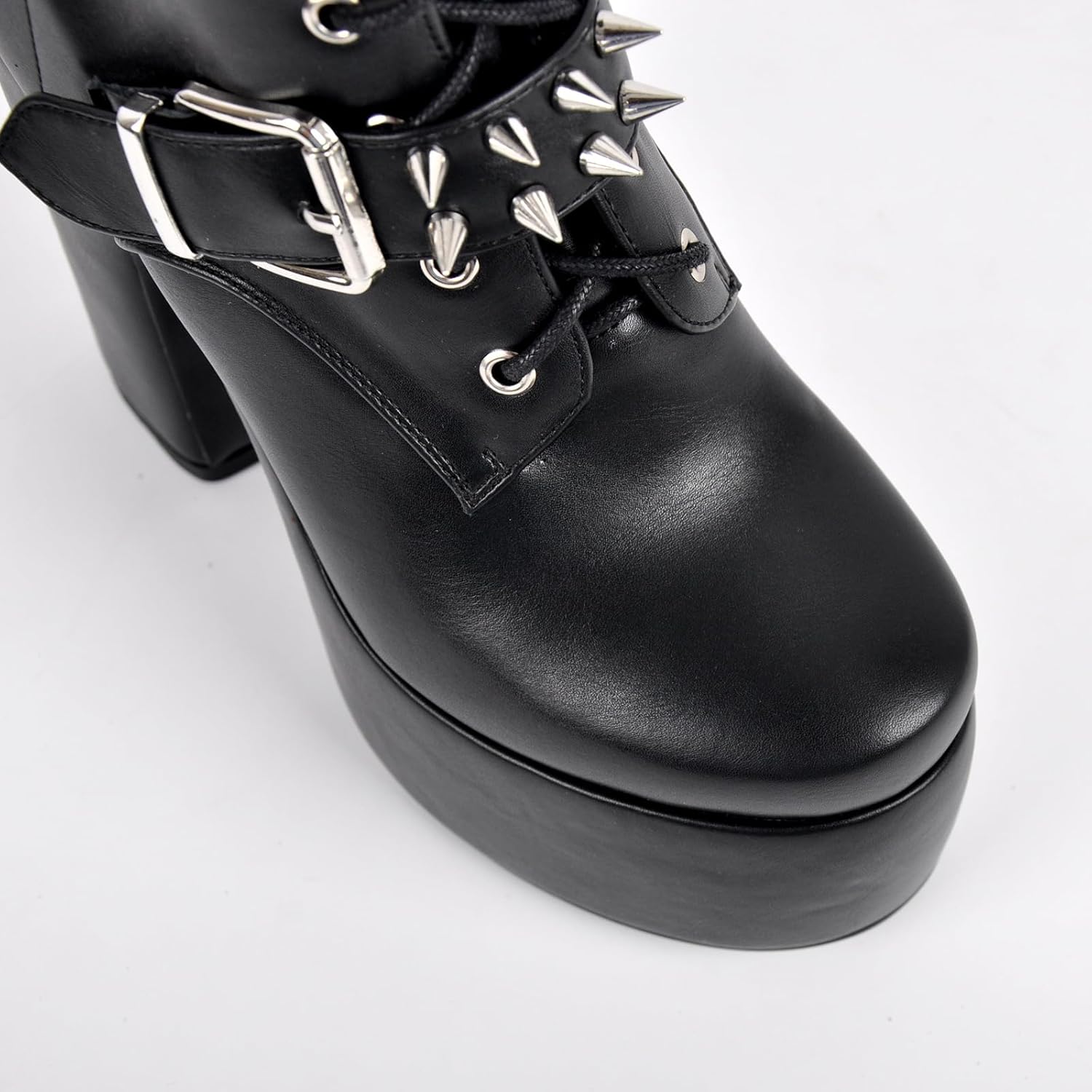 onlymaker Women's Knee-High Combat Boots Chunky High Heel Platform with Silver Buckles Studs Lace-Up