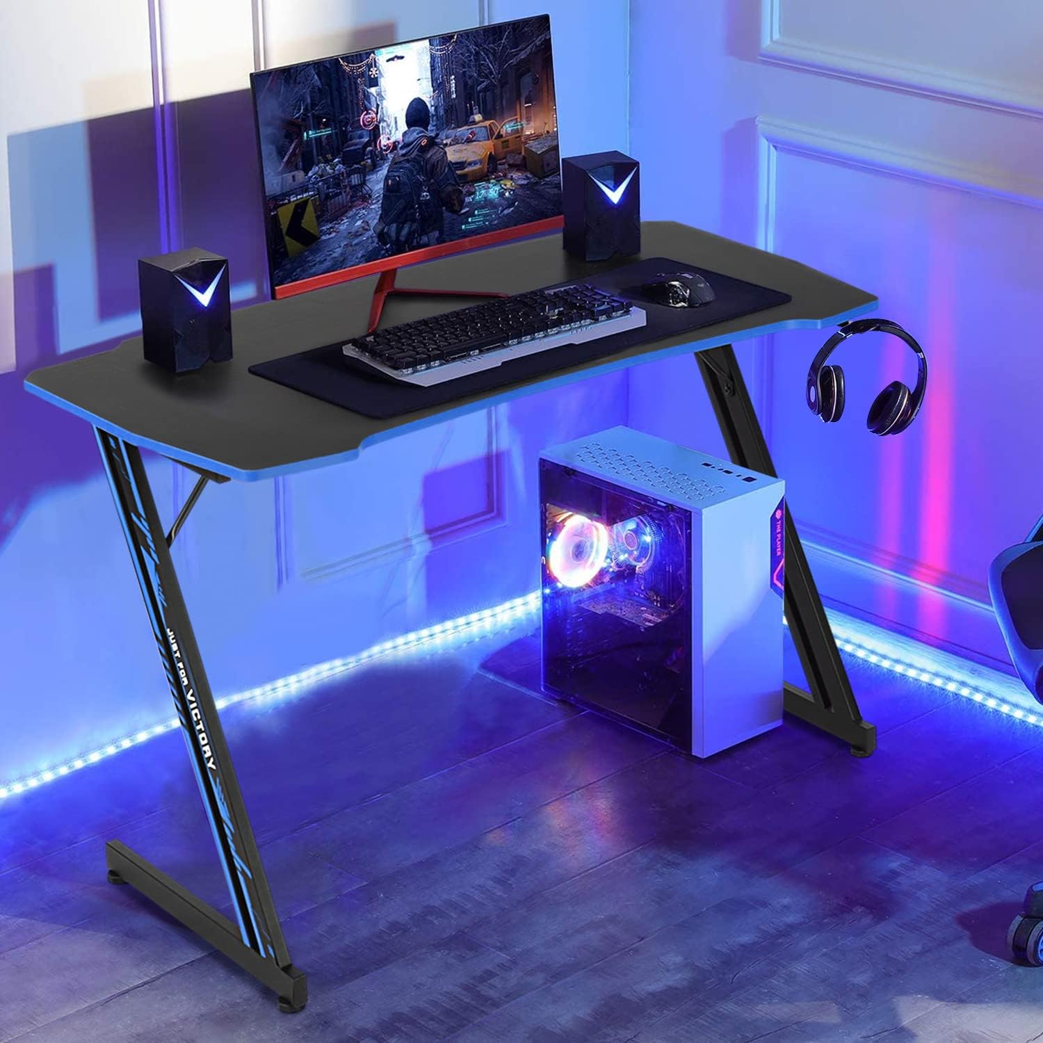 Gaming Desk 47 Inch Z-Shaped Computer Desk Modern Ergonomic PC Computer Table Home Office Desk Racing Style Gaming Workstation with Headphone Hook, Blue