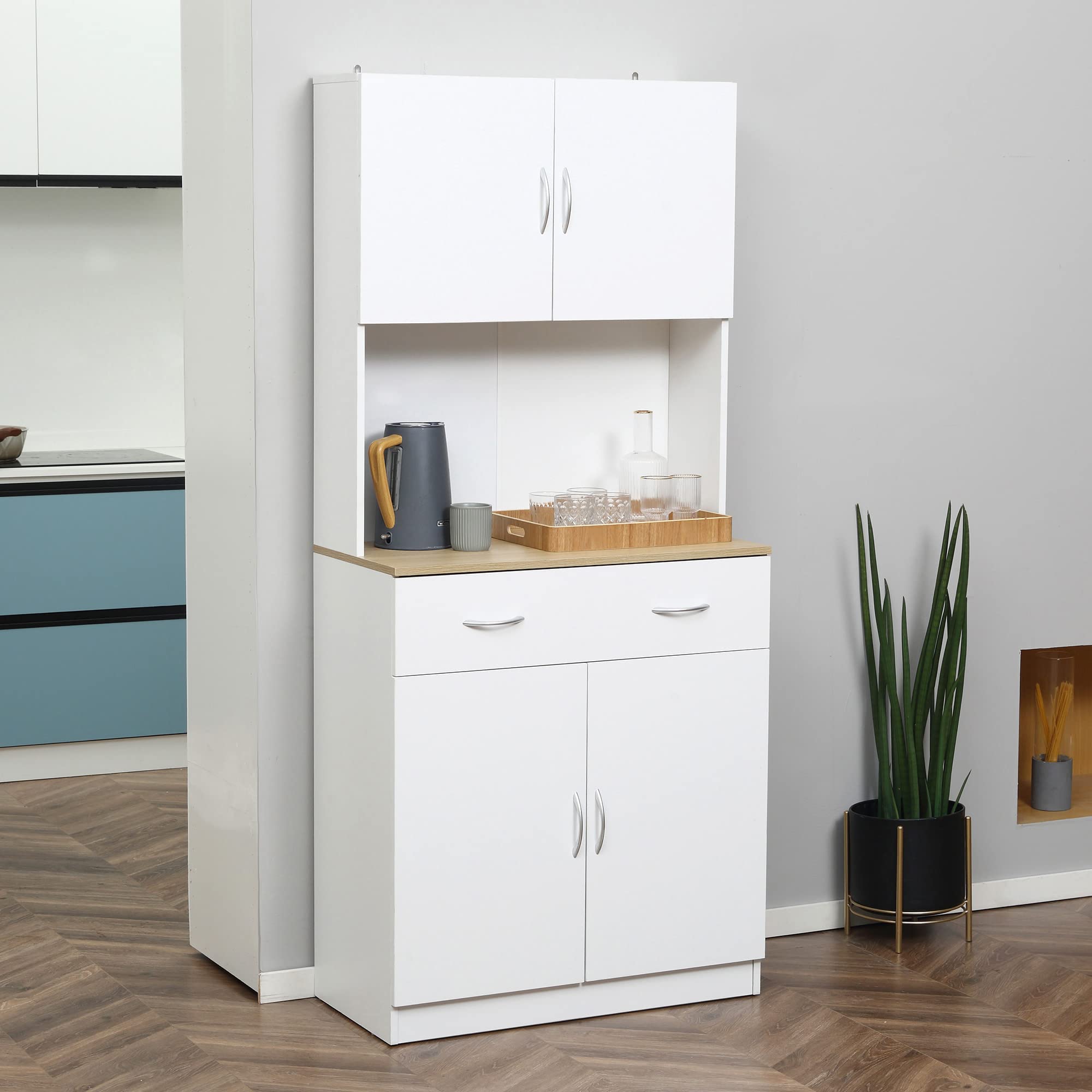 HOMCOM Mobile Cucina Alto 180cm con Armadietti a 2 Ante e Cassetto, Credenza Alta da Cucina in Legno con Ripiani Regolabili, per Cucina, Sala da Pranzo e Soggiorno, 80x40x180 cm, Bianco