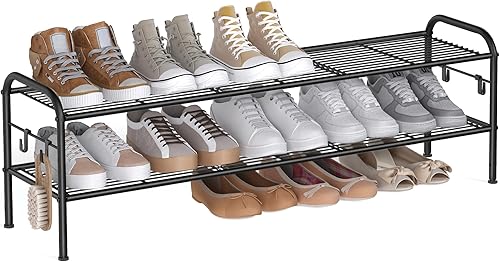 SONGMICS Zapatero de 2 niveles, organizador de zapatos de metal con 4 ganchos laterales, capacidad para 12 pares de zapatos, zapatero de altura disponible en Yaxa Guatemala