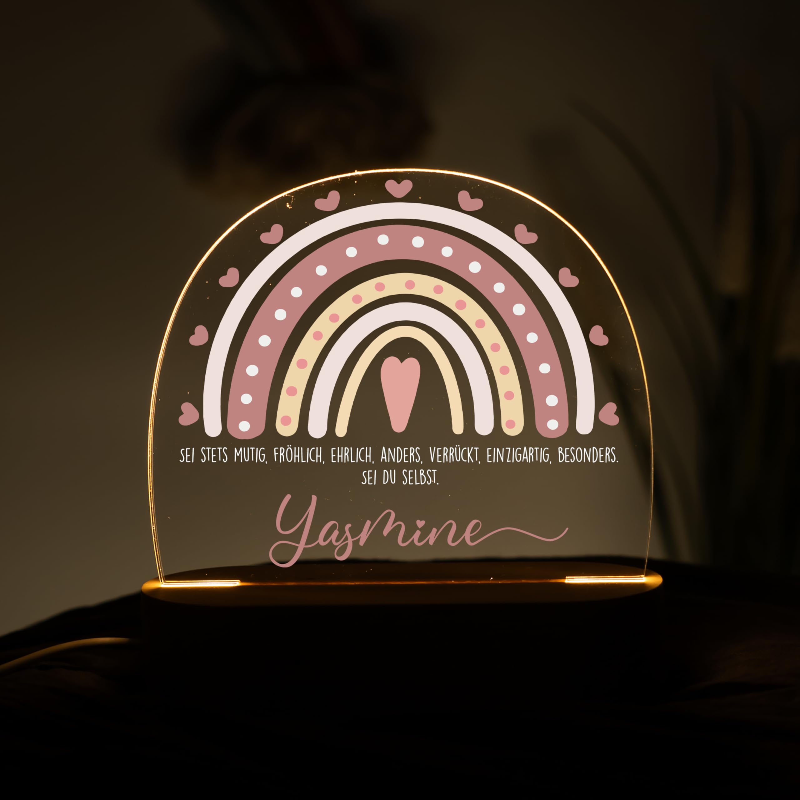 Kidsmood Nachtlicht Baby Holz - Personalisierte Nachttischlampe Kinder mit Namen, LED dimmbar, GREENGUARD - Stilllicht & Babyzimmer Deko, Geschenk Geburt, Taufe Mädchen Jungen [Rosa Regenbogen]