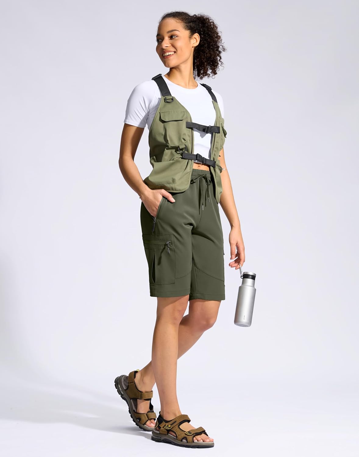 SANTINY Women's 10'' Lightweight Hiking Cargo Shorts with 5 Zipper Pockets Quick Dry Summer Long Travel Golf Shorts for Women - Image 3