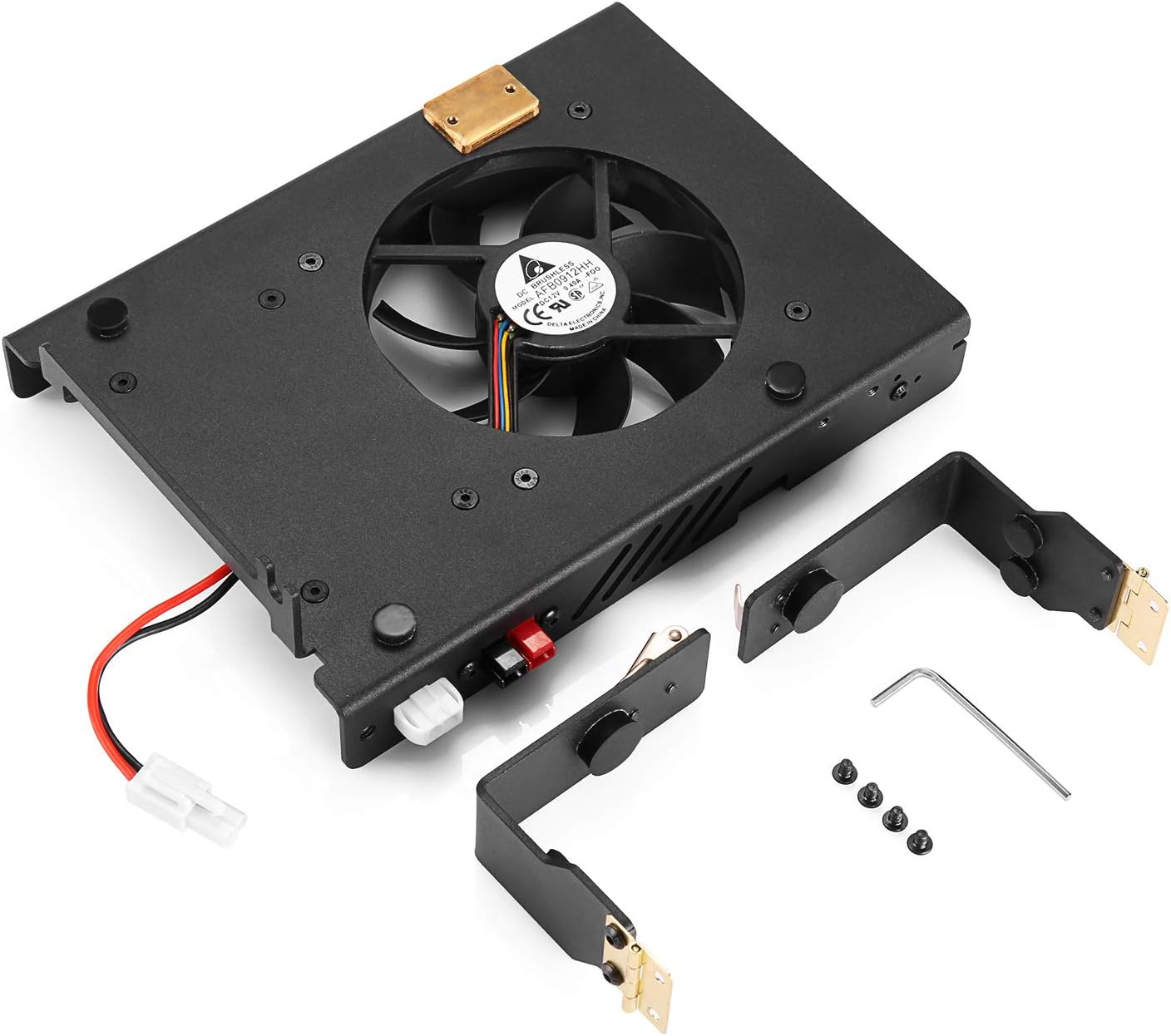 Exploded view of the Radioddity G90-H1 bracket holder showing the main unit, detachable side brackets, and included tools.