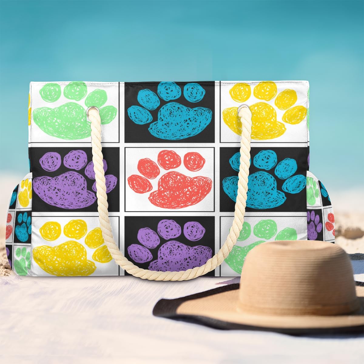 Painted Grid Dog Paw Prints Beach Bag for Women Waterproof Sandproof Tote with Zipper Cotton Rope Handles for Travel Pool Gym Shopping