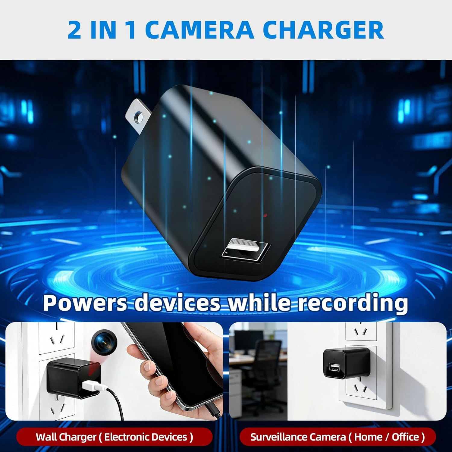 1080P HD Charger Camera with Motion Detection, 106° Wide Angle, No WiFi/Monthly Fee, Mini Hidden Camera for Home Security/Nanny/Pet Monitoring