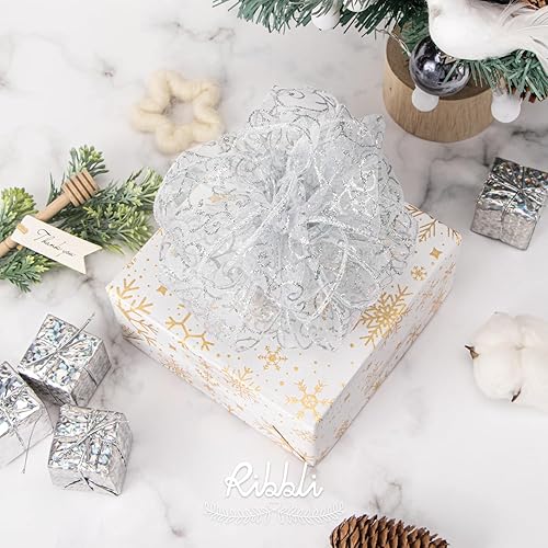 Miniatura 6 de Ribbli - Cinta con brillantina y con alambre, cinta de organza púrpura con patrón de espiral de brillantina plateada y borde metálico plateado, 2-12