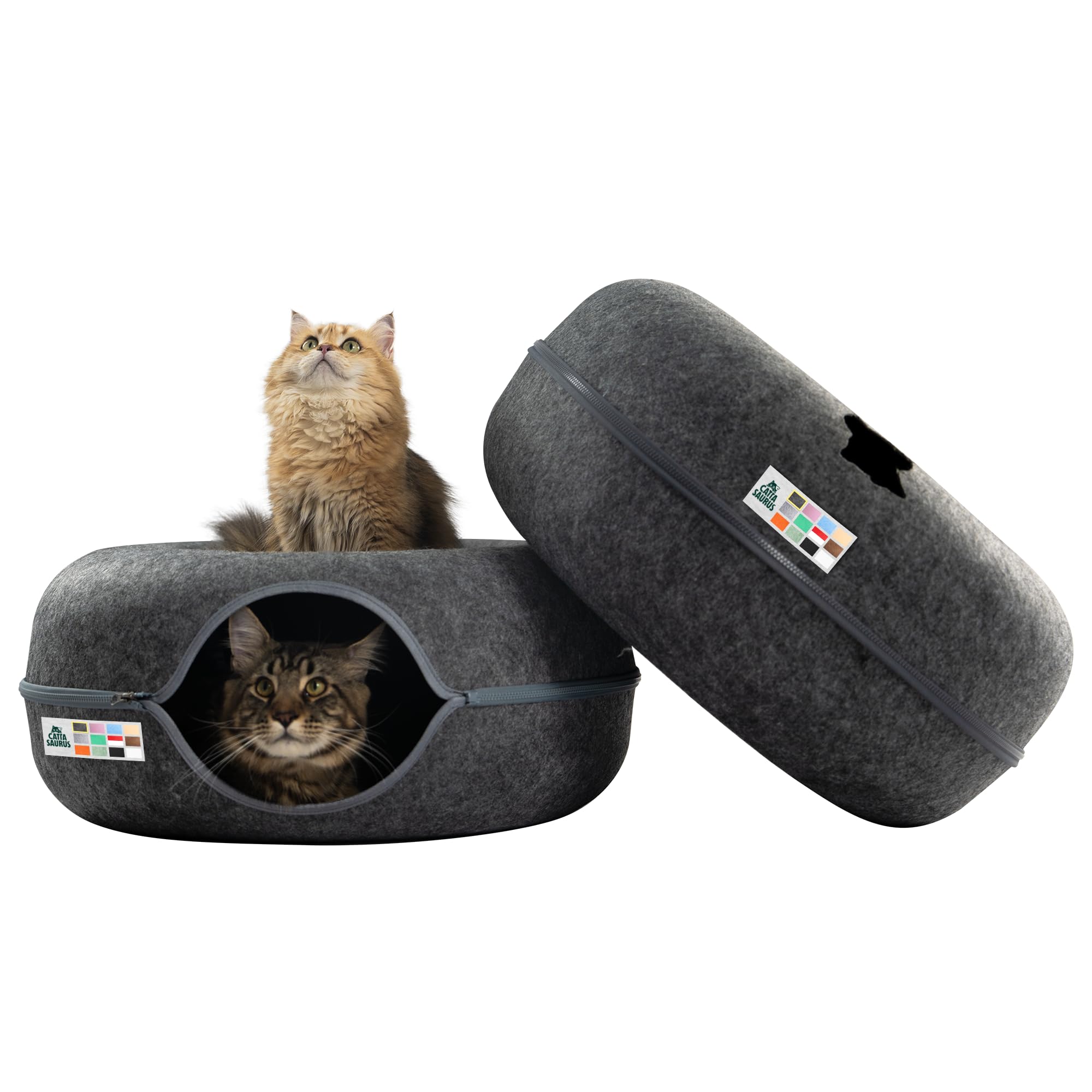 Cattasaurus Peekaboo Cat Cave Donut for Multiple &amp; Large Cats up to 30-45 lbs, 3-in-1 Self Warming Cat Bed, Tunnel &amp; Scratcher for Indoor Cats, Washable &amp; Detachable (Dark Gray + Dark Gray, Large)