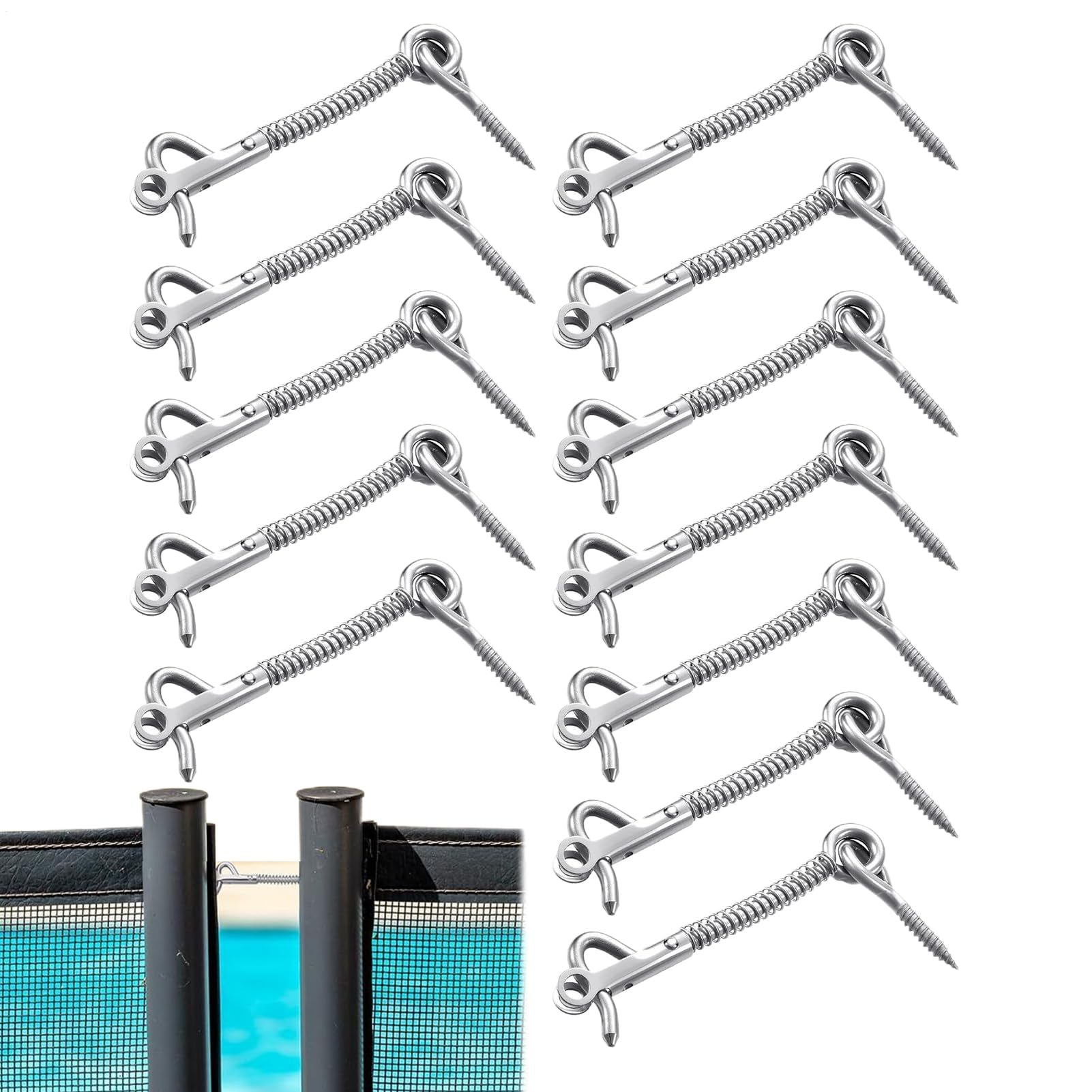 Paquete de 12 ganchos de puerta de acero inoxidable con ojal, pestillo con resorte para baño, cobertizo, puerta de piscina, spa, armario y puertas de granero, accesorios de seguridad duraderos
