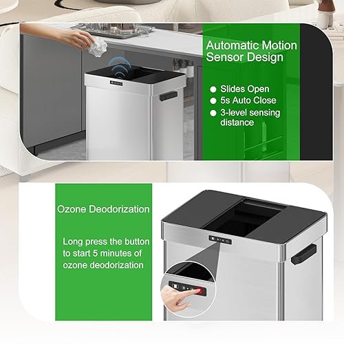 Miniatura 5 de Bote de basura automático con sensor de movimiento de 19 galones con 2 cubos de basura de reciclaje (50 L+22 L), cubo de basura de acero inoxidable
