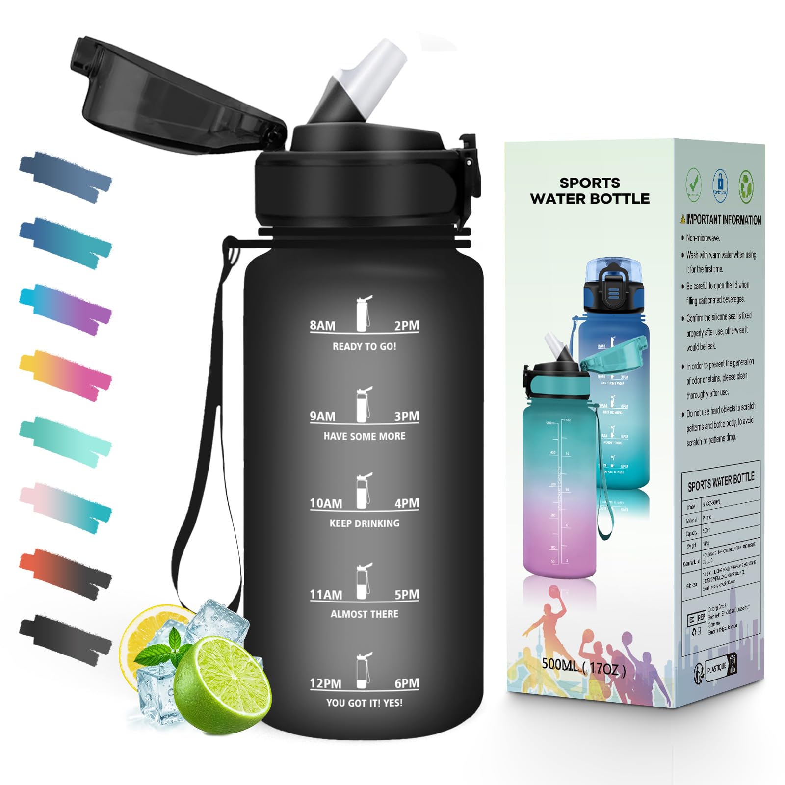 500ML BPA Free Water Bottle with Straw Time Scale Motivational Wide Mouth Leakproof Lid for School Office Gym