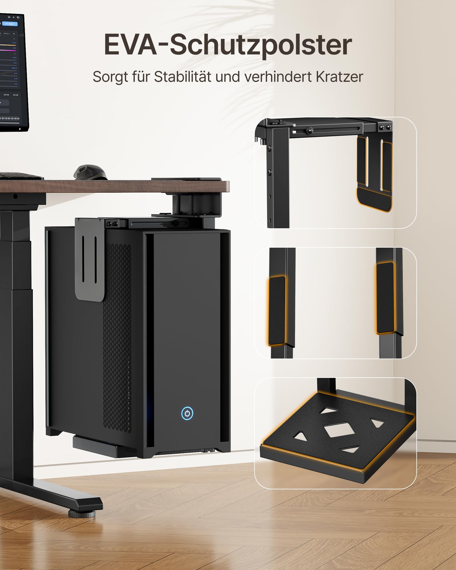 monTEK 30KG Heavy-Duty PC-Halterung unter Schreibtisch, Ohne Bohren montierbar, Verstellbare PC-Halterung mit Schutzpolstern, 16,1"-25,6" Höhe, ideal für Büro, Zuhause, Klassenraum, Schwarz