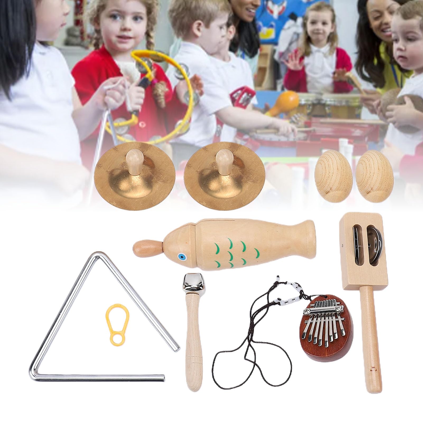 Kinder-Schlaginstrumenten-Set aus Holz, Kleinkind-Schlagzeug-Set mit Xylophon, Trommel, Tamburin und Maracas aus Buchenholz und Metall für die Frühe Lernphase in Vorschule,