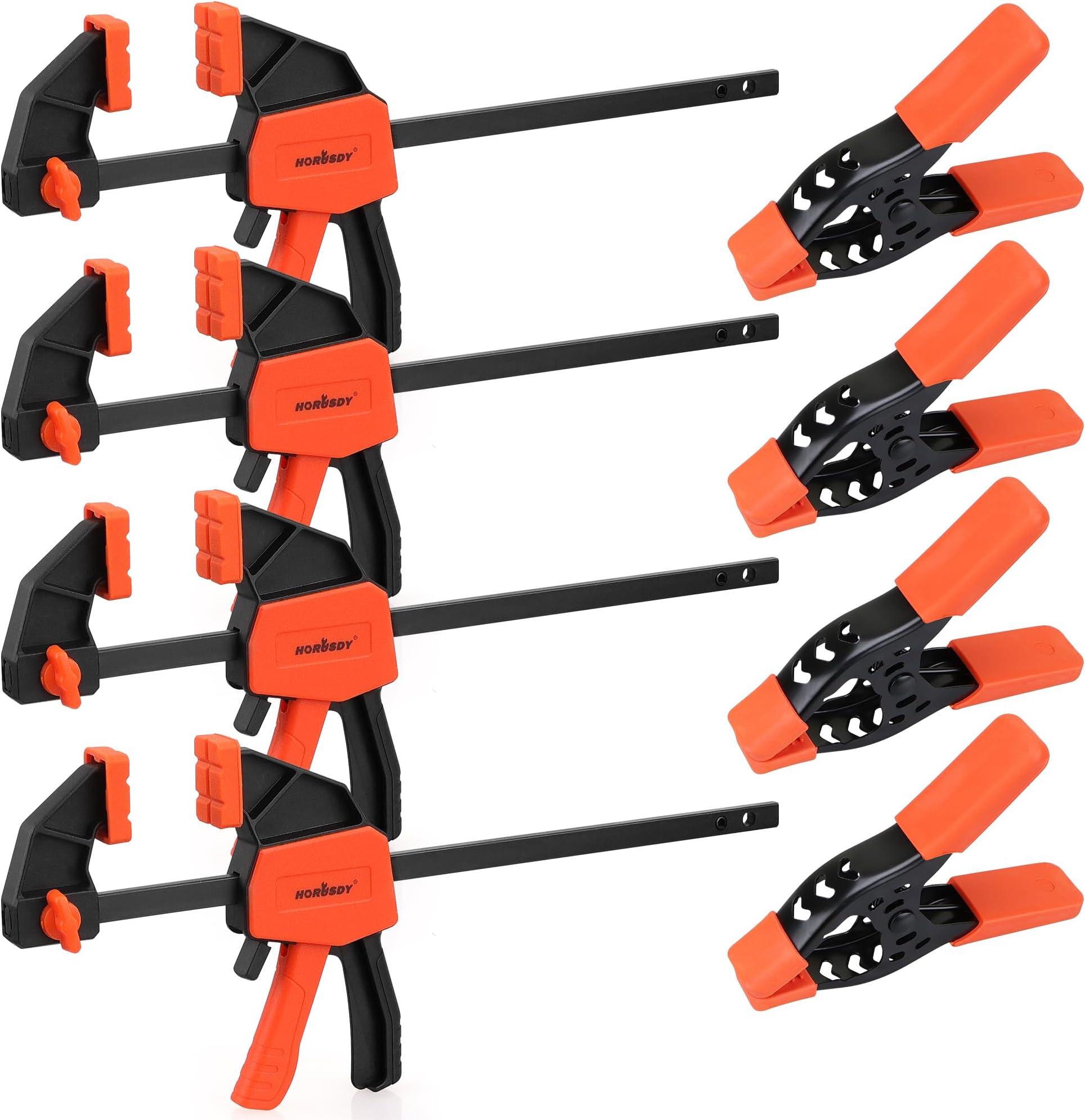 HORUSDY 8-Pack Bar Clamp Set, Spring Clamps for Woodworking - 4 Pieces 6" Bar, 4 Pieces 4" Spring, 75 LBS Load Limit