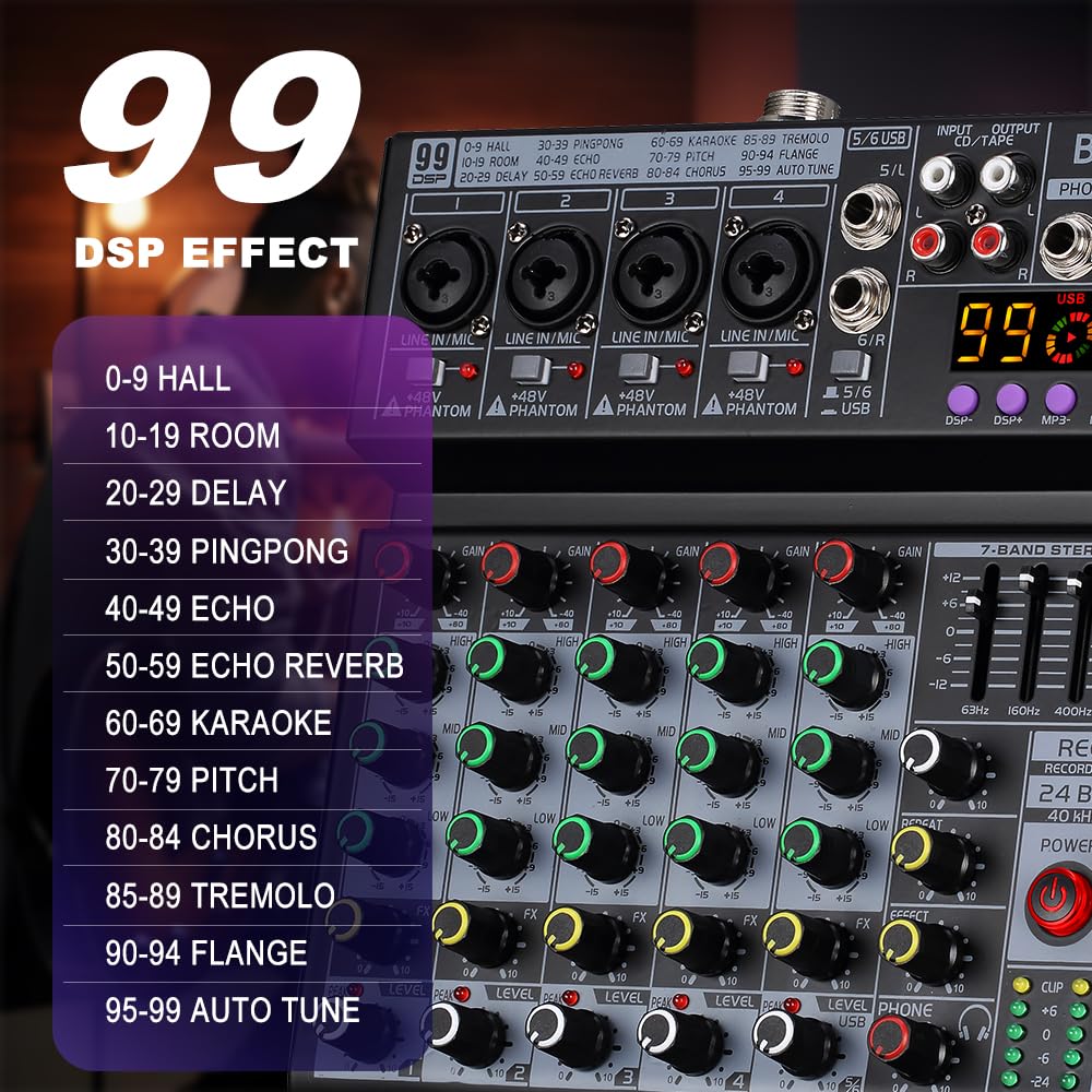 BOMGE Mixeur audio DJ professionnel 06 A 6 canaux, mixeur sonore avec 99 effets DSP, égaliseur 7 bandes indépendant, 48 V, interface Bluetooth USB, enregistrement pour studio, scène, fête,