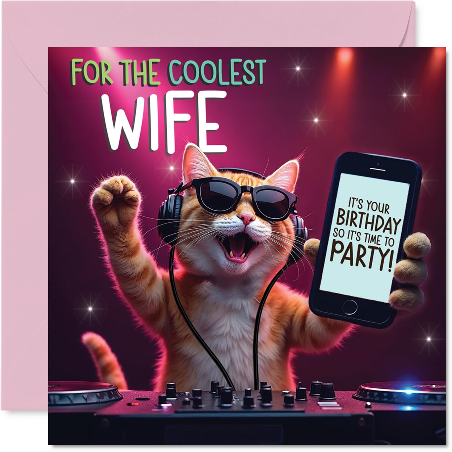 Wife Birthday Card - Party DJ Cat - Happy Birthday Card for Wife from Husband Partner, 145mm deejay cat Bday Greeting Cards