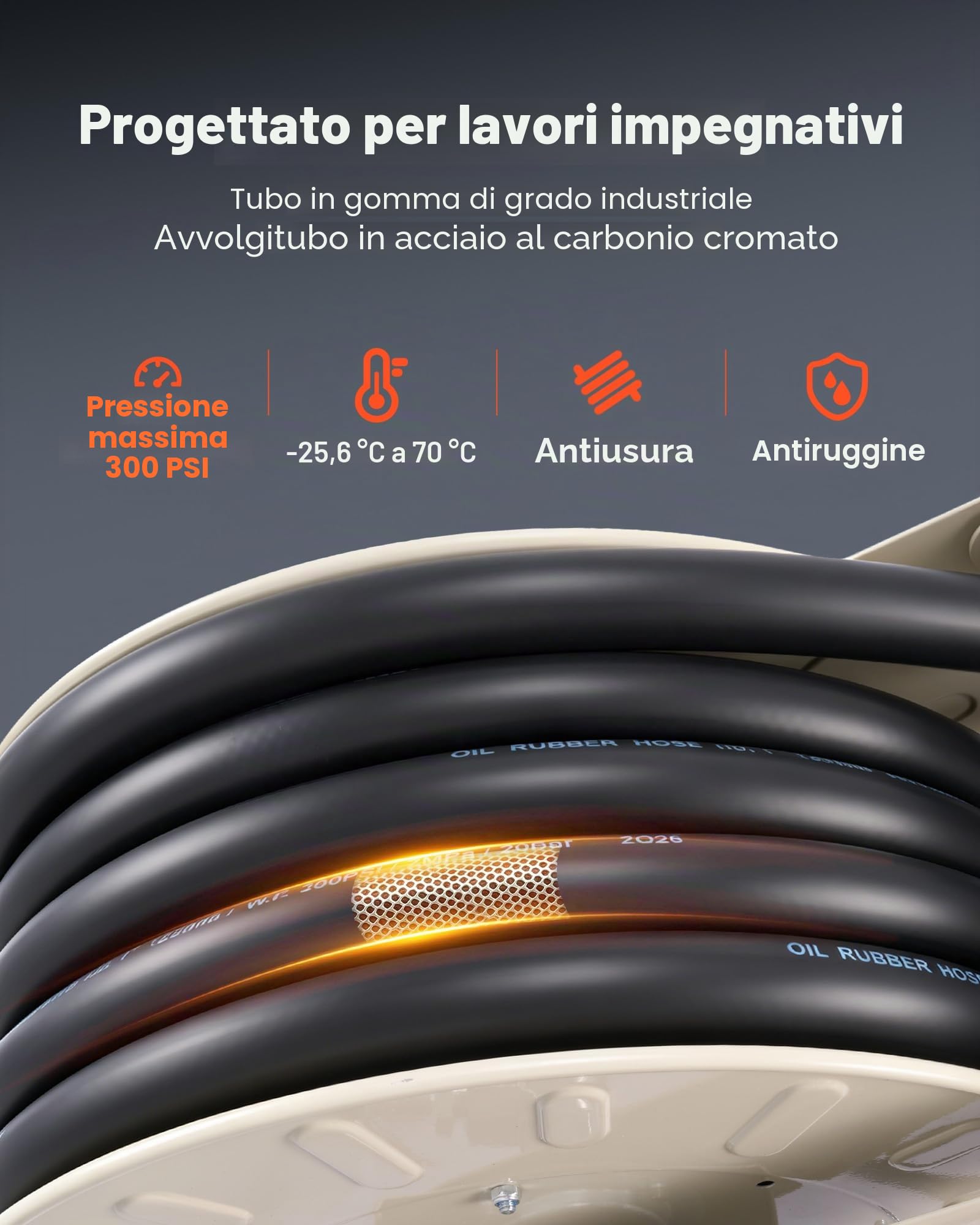 VEVOR Avvolgitubo Carburante, 1" x 50', Avvolgitubo Diesel Retrattile, Costruzione in Acciaio al Carbonio con Ugello Carburante, Tubo in Gomma NBR per Camion Cisterna Veicoli Nave Aereo 300PSI