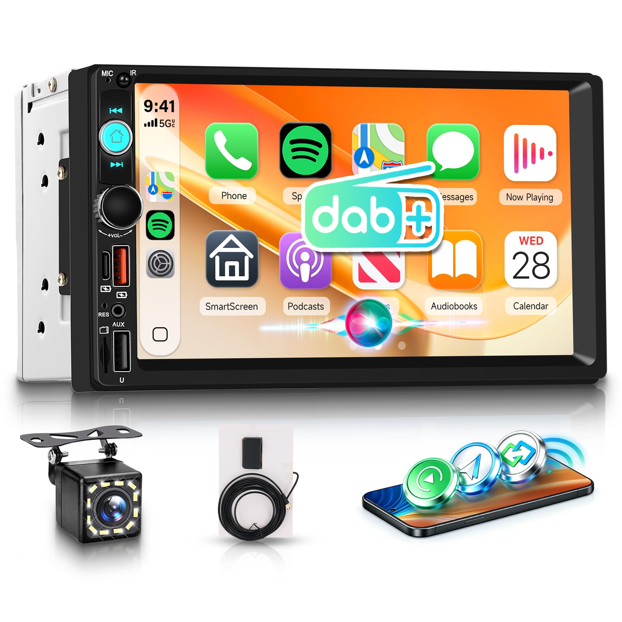 Rimoody Dab+/Dab Radio de Coche 2 DIN con Inalámbrico Carplay Android Auto Bluetooth FM/Am/RDS Radio, 7 Pulgadas Touchscreen Radio Mirror Link EQ/USB/Type C/AUX Control del Volante Cámara Trasera