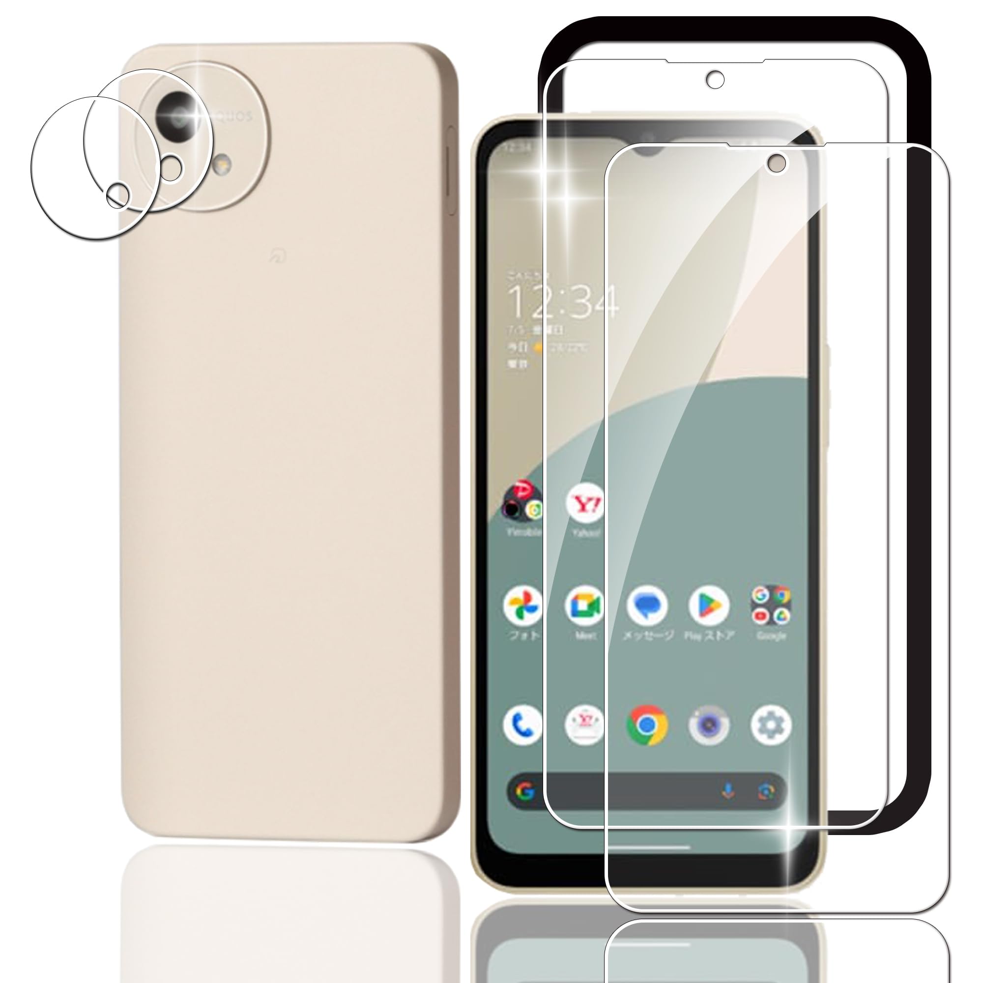 Nutmeg【2+2枚セット】AQUOS wish4 SH-52E 用の ガラスフィルム+AQUOS wish4 用の レンズフィルム 指紋認証対応【ガイド枠付き】AQUOS wish4 用の フィルム 液晶保護フィルム 強化ガラス【日本製旭硝子採用】高透過率 耐衝撃 気泡防止 硬度9H 超高質感 スクラッチ防止 ラウンドエッジ加工