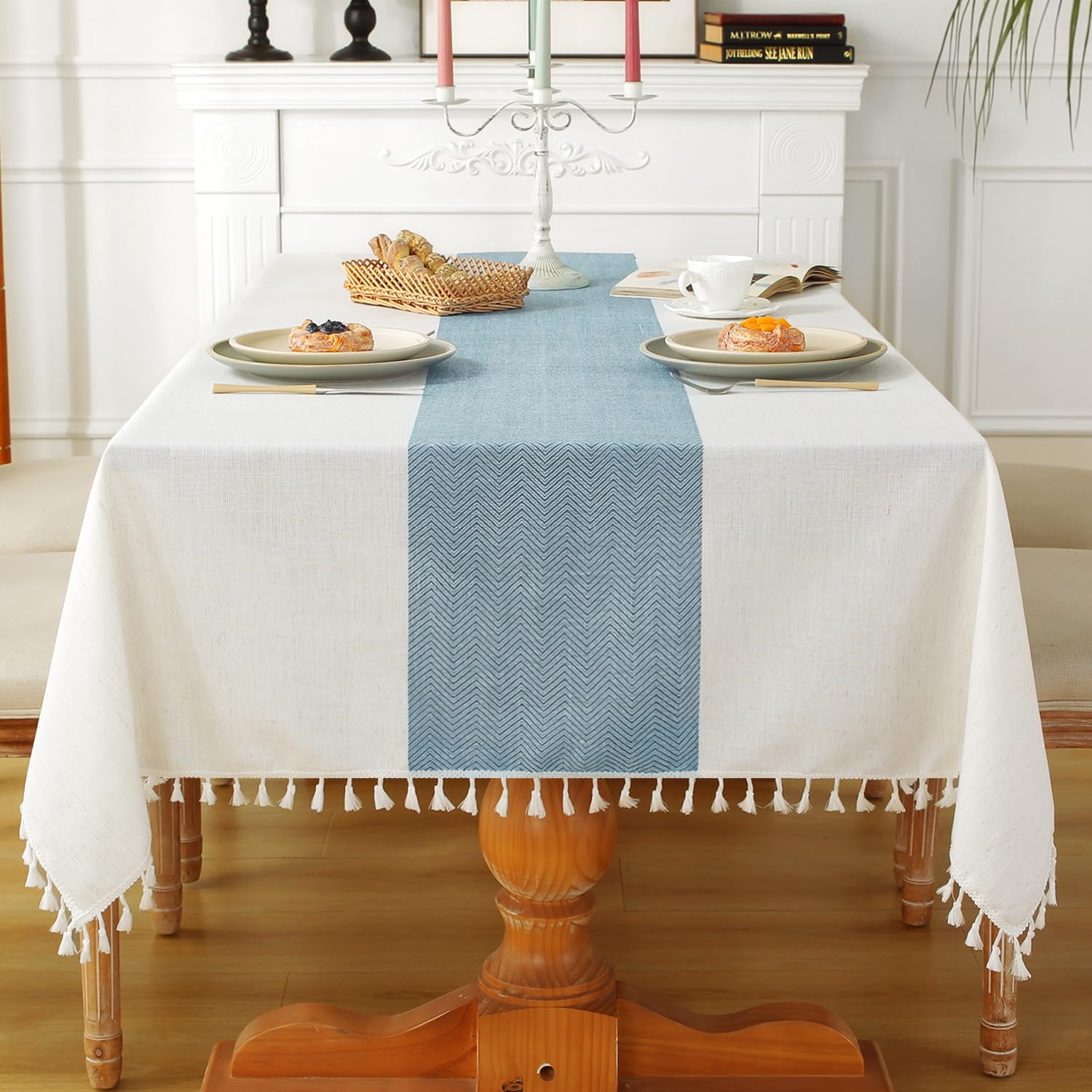Laolitou Rustic Cotton Linen Table Cloth,Tablecloths for 6 Foot Rectangle Tables,Waterproof Washable Tablecloth with Tassel Rectangle/Oblong, 55''x 86'', 6-8 Seats