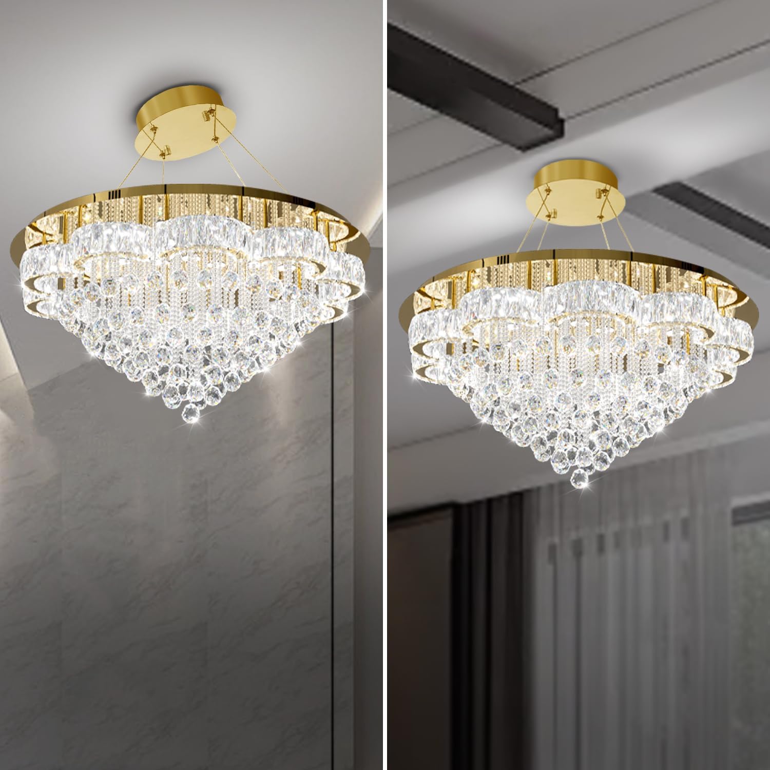 Flashing God 40inches Gold Chanderliers for Living Room Crystal Chandelier Ceiling Light Fixture Raindrop Pendant Light for Foyer Dining Room Hallway Bedroom LED Dimmable Lighting 2700k 4500k 6000k
