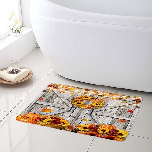 Miniatura 6 de Cortina de ducha y alfombras de baño de otoño de granja, hoja de arce naranja y hongo en puerta de granero occidental, cortina de ducha rústica de