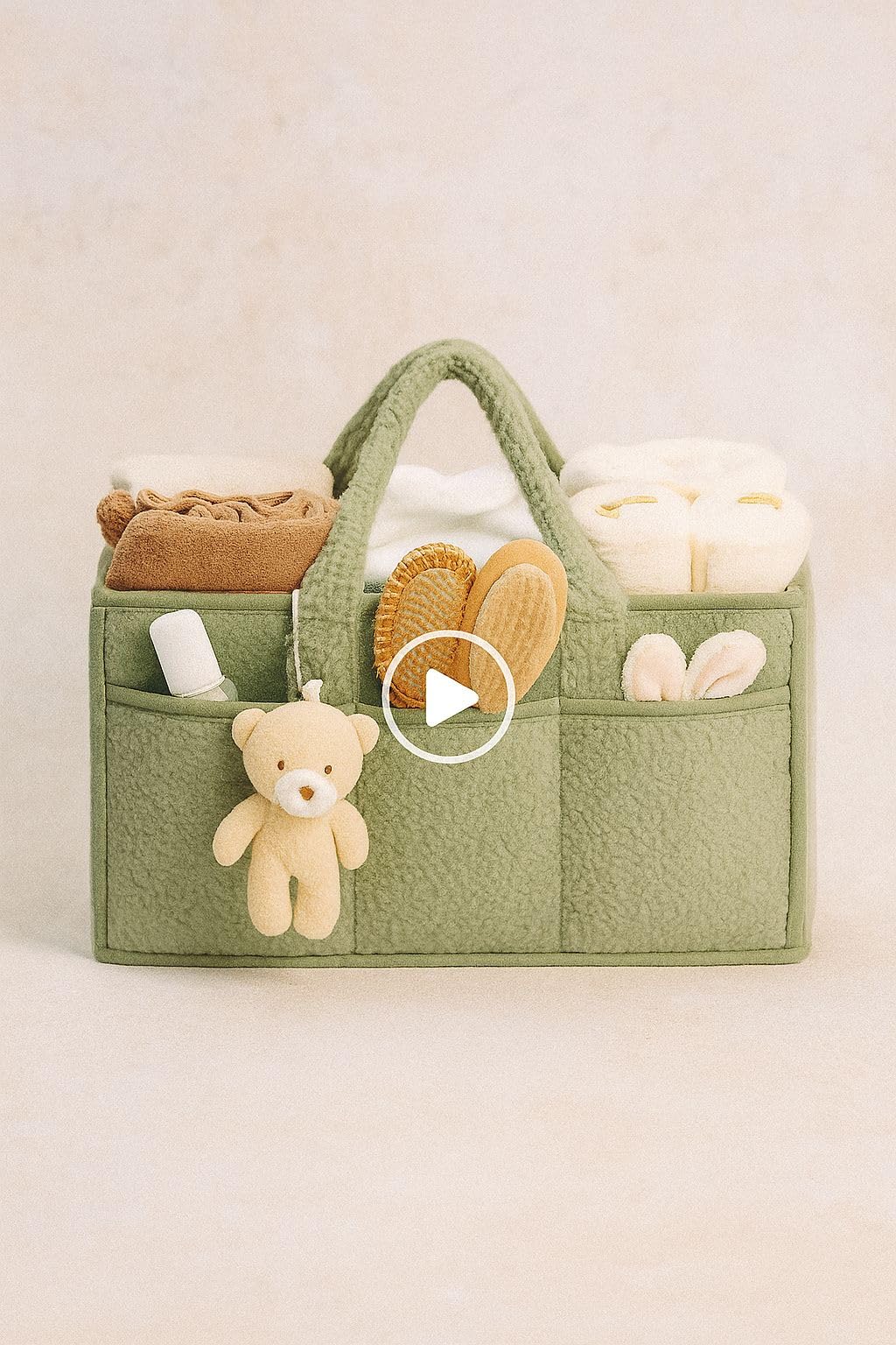 Cutties and Giggles Baby Nappy Caddy Organizer with Teddy – Large Diaper Storage Basket with Handles & Compartments – Felt Nursery Organizer for Changing Table, Baby Essentials & Shower Gifts (Green)
