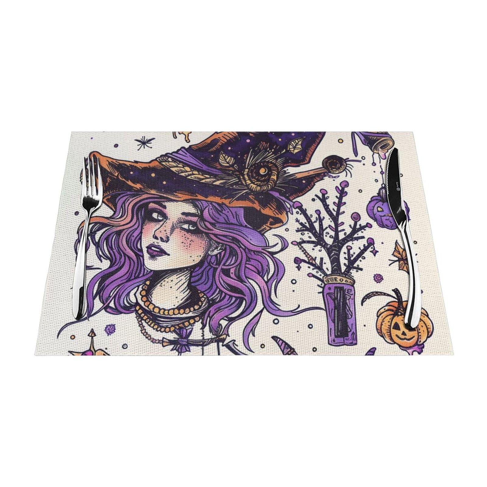 Magic Witch Witchcraft Bohemian Drawing Printed PVC Placemat 1 PCS for Kitchen Dining Table Heat-resistand Washable Table Mats 18x12 in