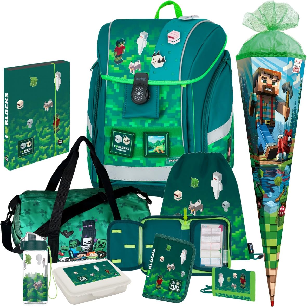 Playworld Gaming Pixel Oxb Premium Light Schulranzen-Set mit Brotdose, Trinkflasche, Heftbox, Brustbeutel (9tlg. mit Sporttasche und Schultüte)