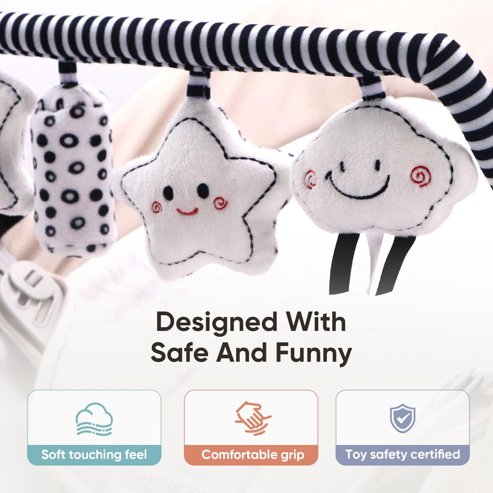 TinlyFinly Baby Bouncer Toy Bar Soft with 4 Hanging Sensory Toys Attachment, Compatible with Baby Bjorn Bouncer, with Mirror, Rattle, Crinkle Sound for Babies All Ages (Black and White Shapes) - 5