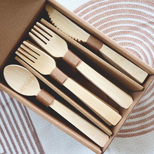 Miniatura 4 de Utensilios desechables de bambú, 100 unidades 50 tenedores, 25 cucharas, 25 cuchillos, juego de cubiertos 100% compostables, resistentes al calor,