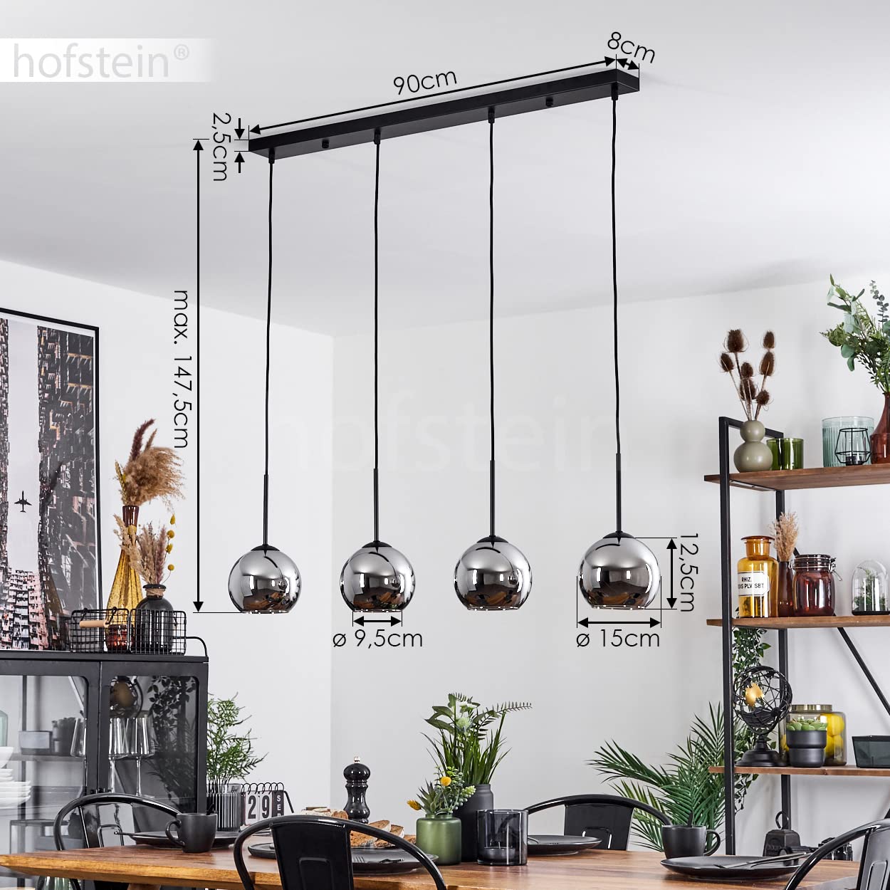 HOFSTEIN Hängeleuchte Koyoto, 4-flammige Hängelampe aus Metall/Glas in Schwarz/Chrom-/Rauchfarben, moderne Pendelleuchte im Retro/Vintage-Design, Ø Schirme 15 cm, E27, Esszimmer, Küche, Wohnzimmer