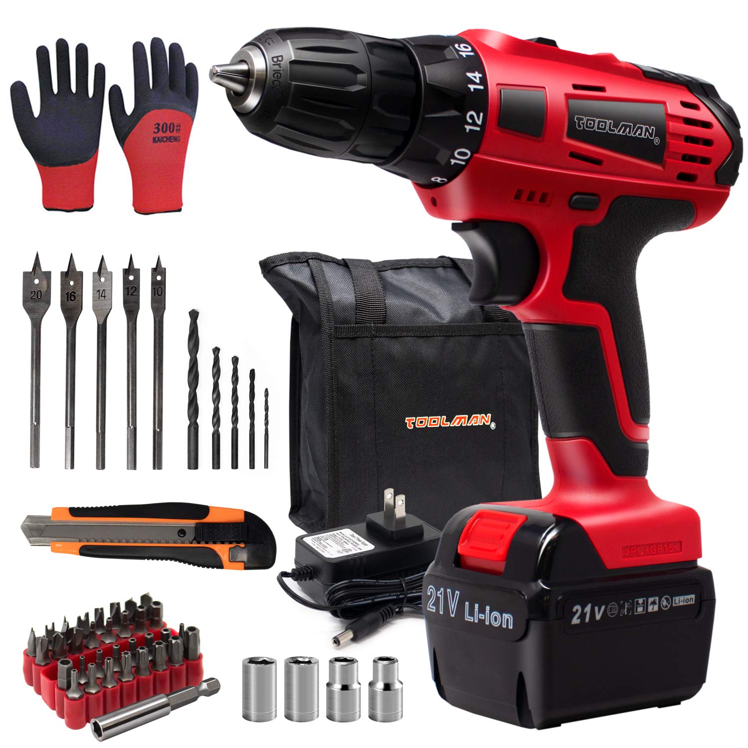 Buy Toolman 21V Variable Speed Cordless Drill 53PC Set, 3/8 keyless