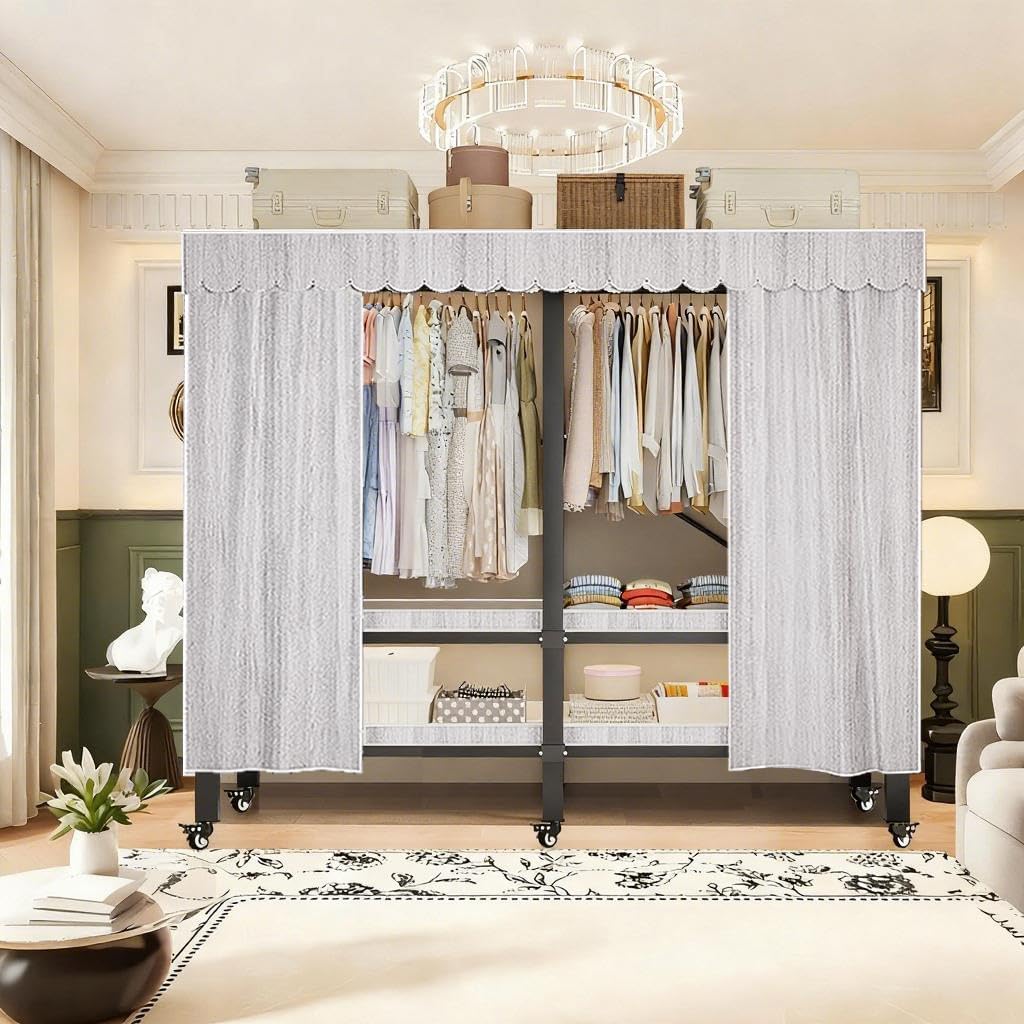 YTLEMON Heavy Duty Wardrobe Closet with Cover, Metal Rolling Clothes Rack, Foldable Portable Closet Organizer System Freestanding Garment Rack for Bedroom, Living Room, Rental (LightGray, 49IN)