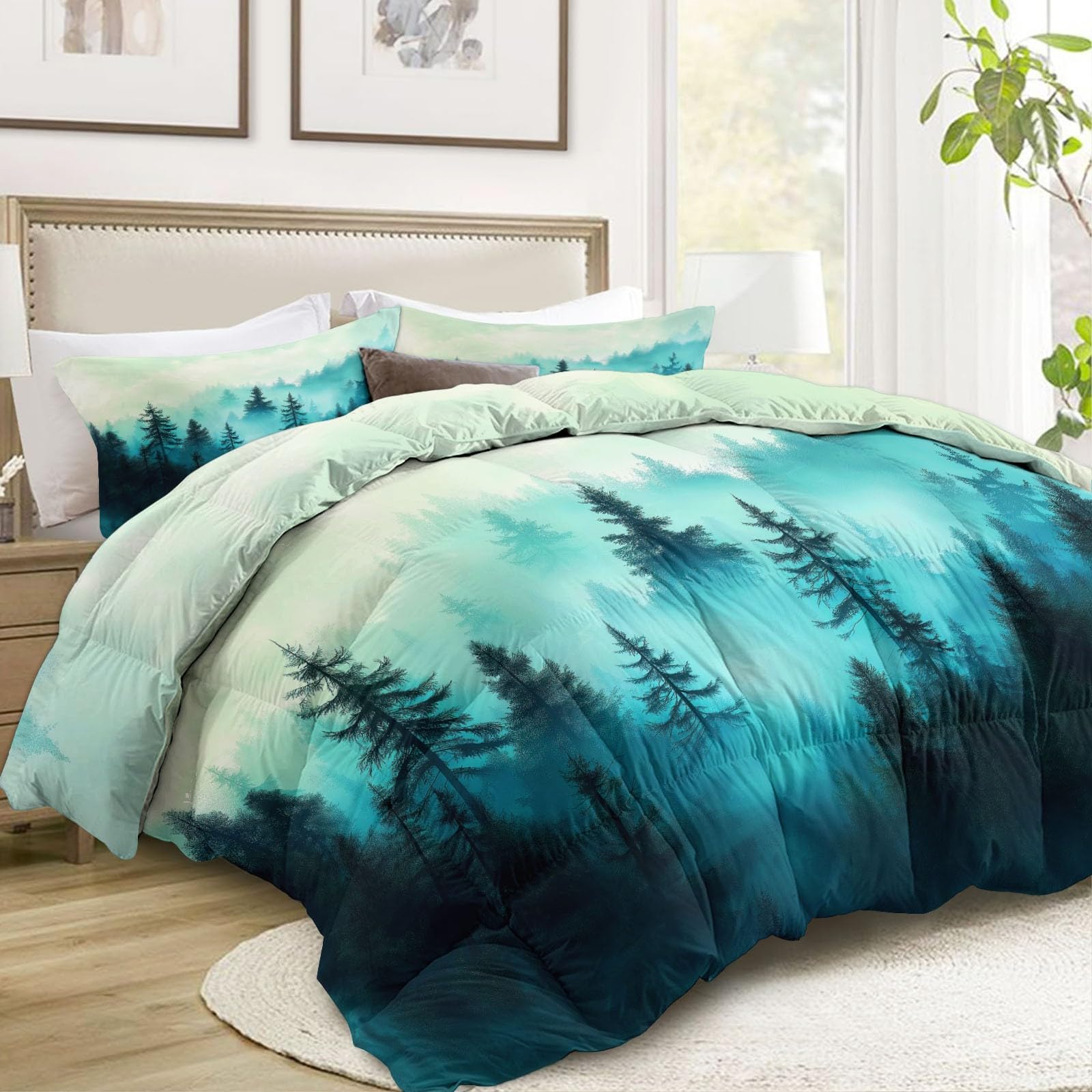 Zimowa kołdra 140 x 200 cm krajobraz natura las gęsta mgła kołdra z poliuretanu o gramaturze 400 g/m², ciepła i elegancka, antyalergiczna i oddychająca pościel 3-częściowy, niebieska