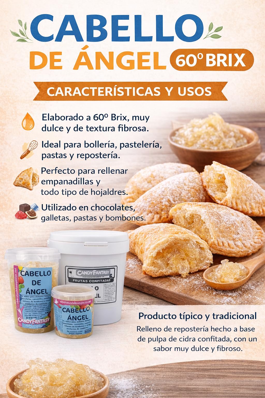 Cabello de Ángel 60° Brix – Relleno de Cidra para Repostería, Empanadillas, Hojaldres y Tartas – Formato Profesional 6 Kg - EL Paraíso de las Especias