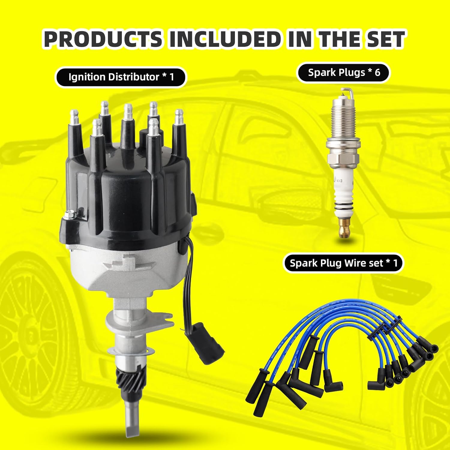 Ignition Distributor w/Cap & Rotor and 6 Iridium Spark Plugs with Wire Set Tune Up Kit 56027027 84-4694 Compatible with Jeep Grand Cherokee 1994-1997 Wrangler 1994-1995 1997 4.0L L6