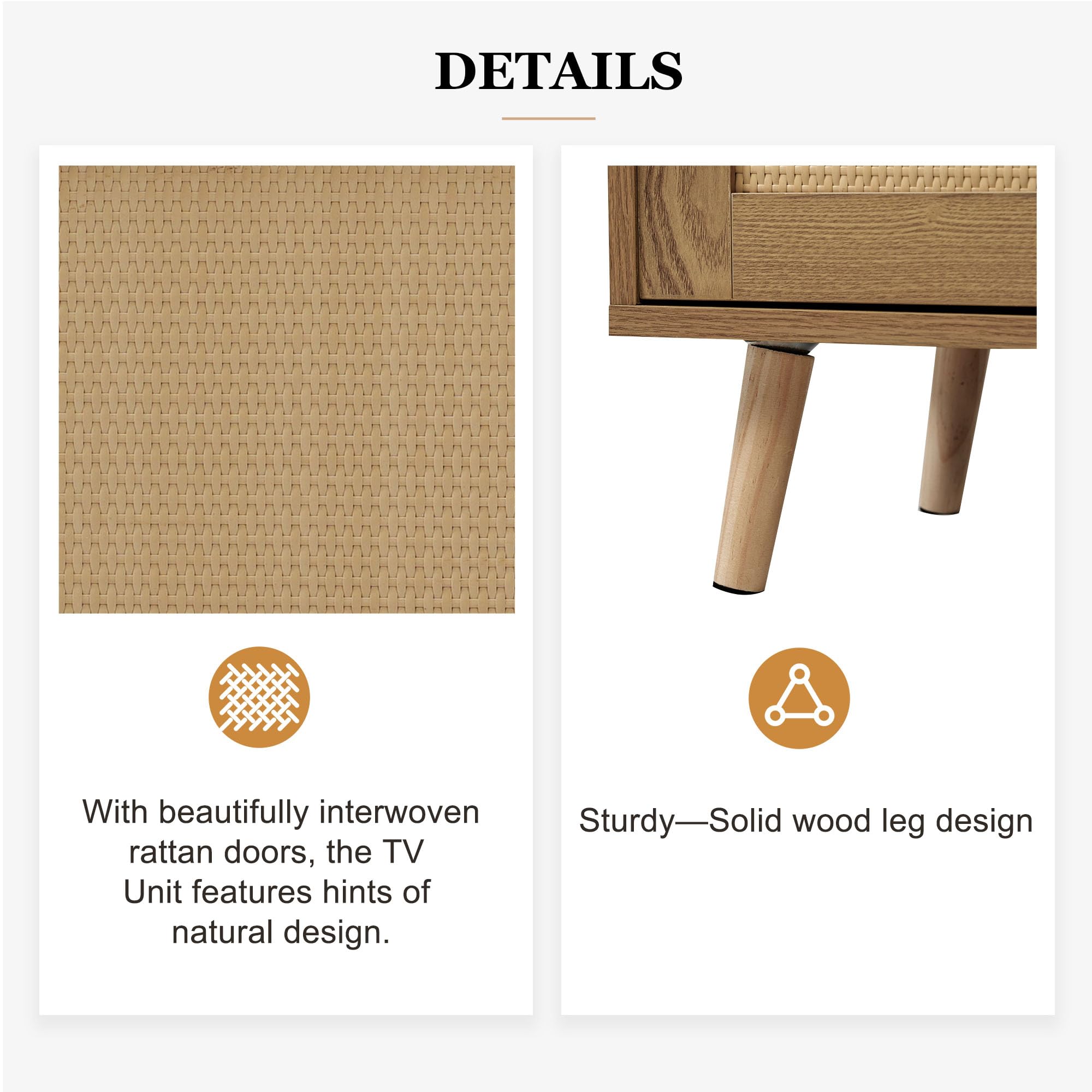 Mobile TV in rattan con piedi in legno massello, per TV fino a 49", larghezza 200 cm, effetto rovere, regolabile in altezza, stile rustico