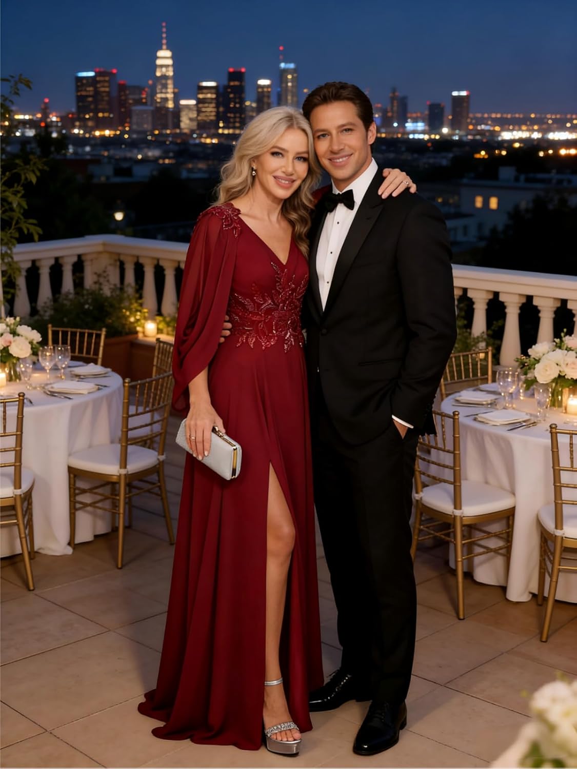 FreeBeauty Women's Cape Sleeve Mother of The Bride Dresses Long Chiffon Lace Appliques Formal Evening Dress ZHMM2501034 - Image 4