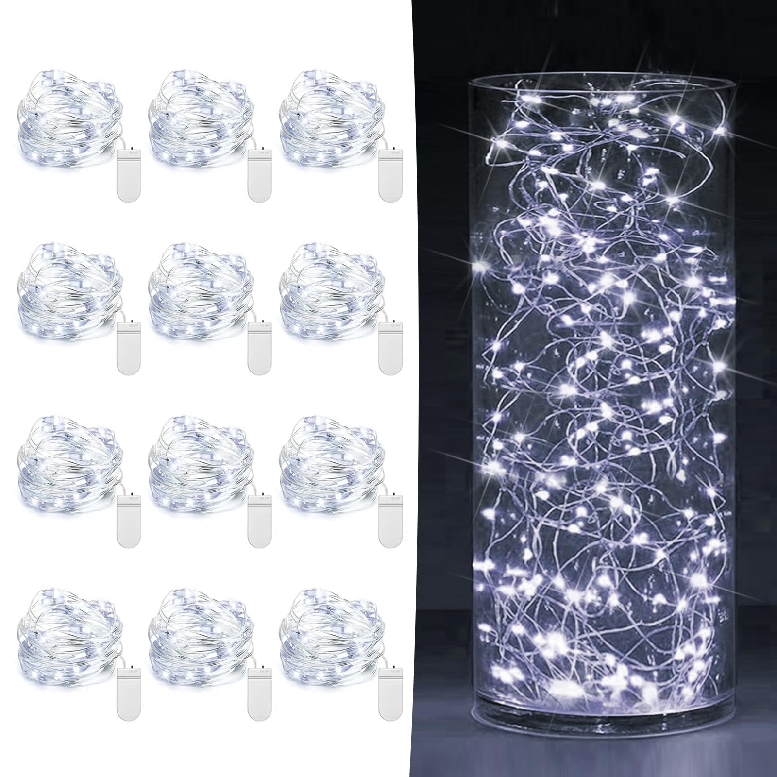 12 Pack Fairy Lights Battery Operated 7ft 20 LED Mini String Twinkle Silver Wire Firefly Starry for Mason Jars Wedding Party Christmas Centerpiece Table Decorations, Cool White