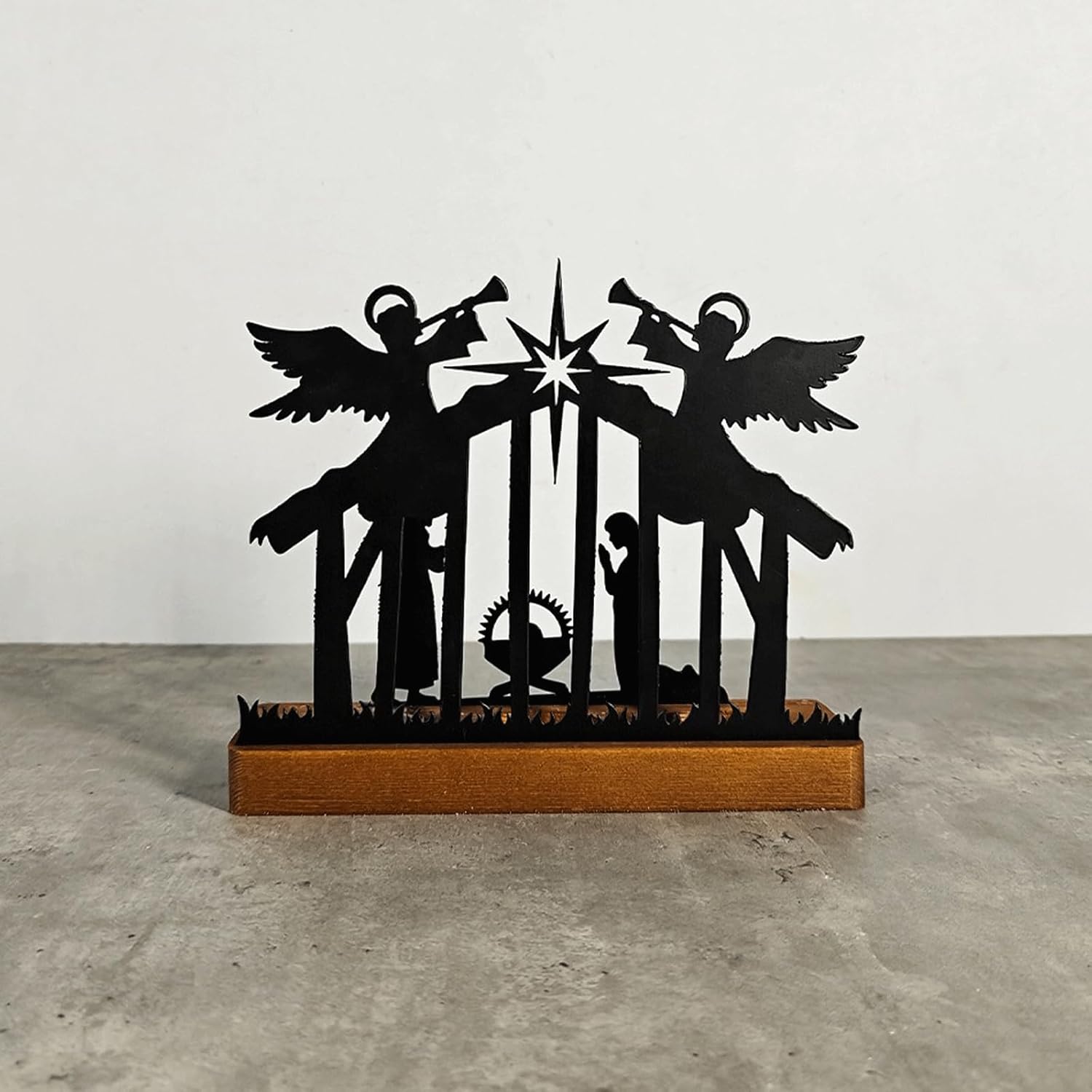 Unique Black Metal Tealight Candle Holder Nativity Set with Wood Base, Christmas Iron Silhouette Candle Holder, Nativity Scene Nativity Sets for Christmas Indoor Spring Decor (A)