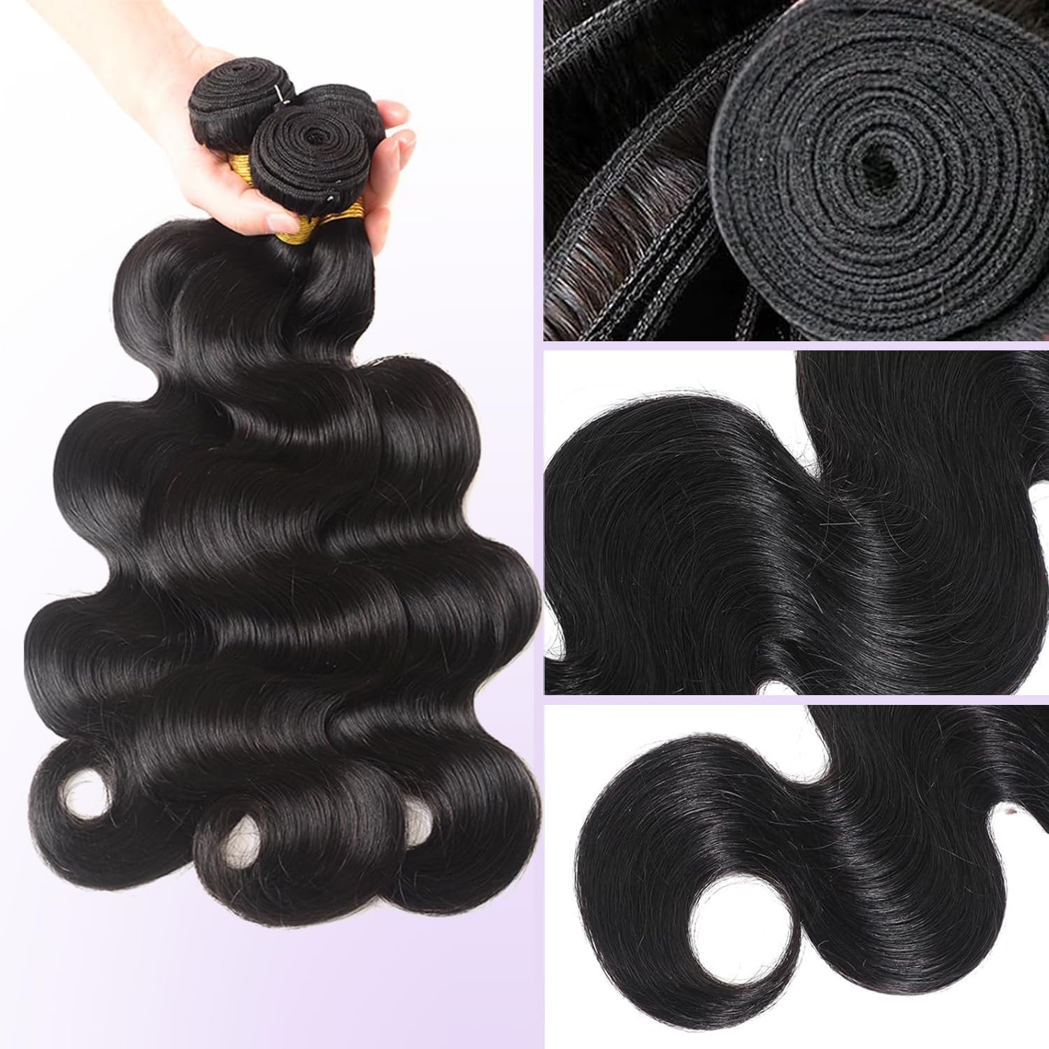 Body Wave Human Hair Bundles 12A Raw Human Hair Extensions Quick Weave Bundles 100% Unprocessed Virgin Real Hair Natural Black (16 18 20 inches)