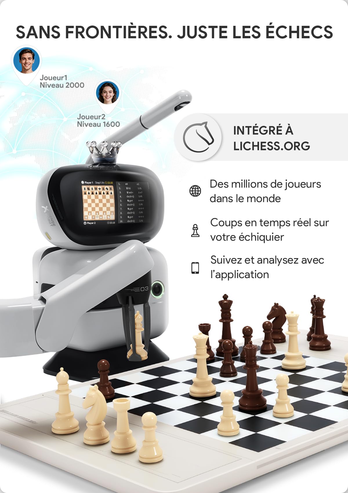 Robot d'échecs Sense Robot AI avec Bras robotisé – 25 Niveaux d'IA, 1200+ Exercices, entraîneur de finales, relecture de Parties Classiques, Coaching Vocal, intégration Lichess, App synchronisation
