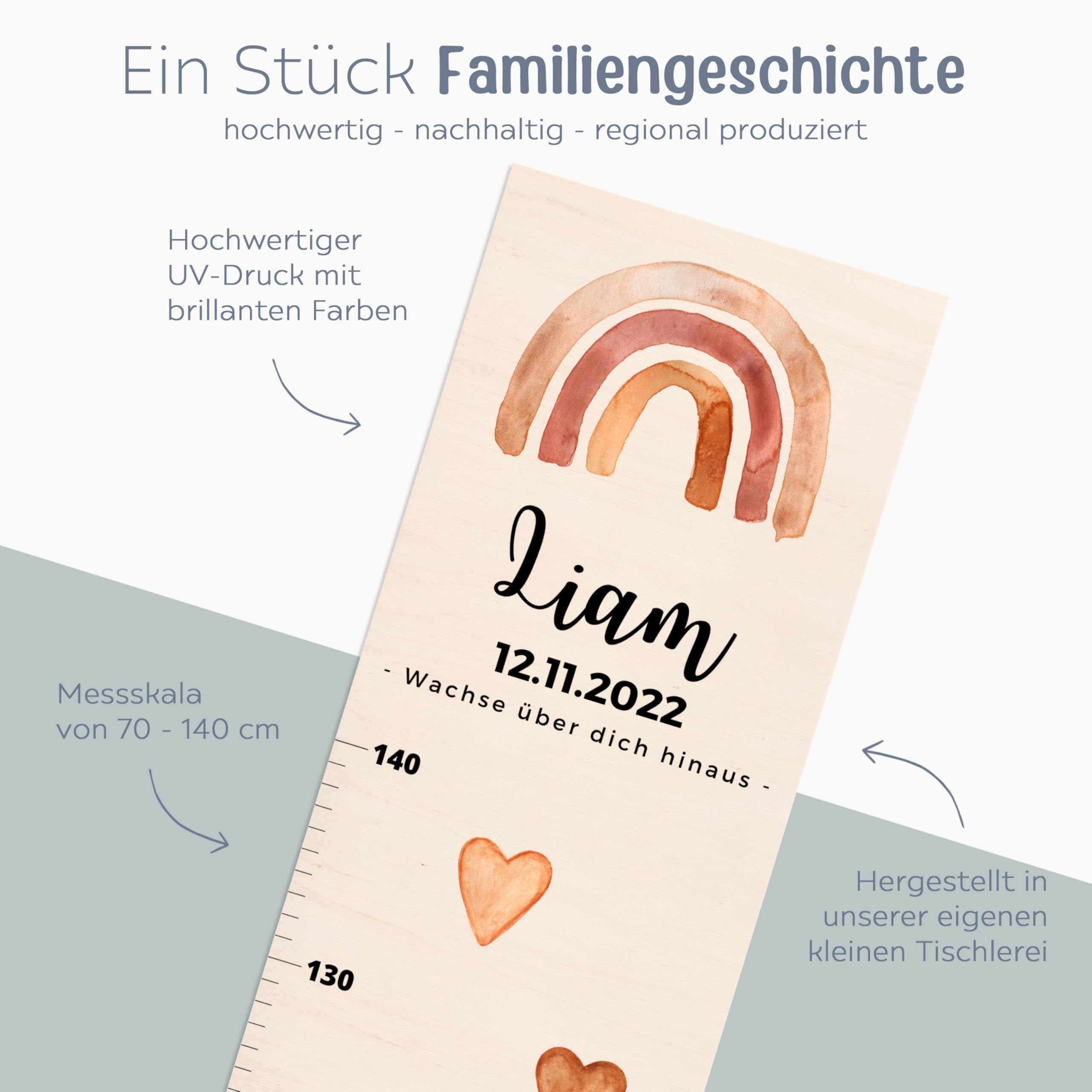 wunderwunsch® - Personalisierte Messlatte Kind Holz zum Kleben oder Aufhängen - Skala 70-140cm - Süße Dekoration für Baby- & Kleinkinderzimmer (Löwe)