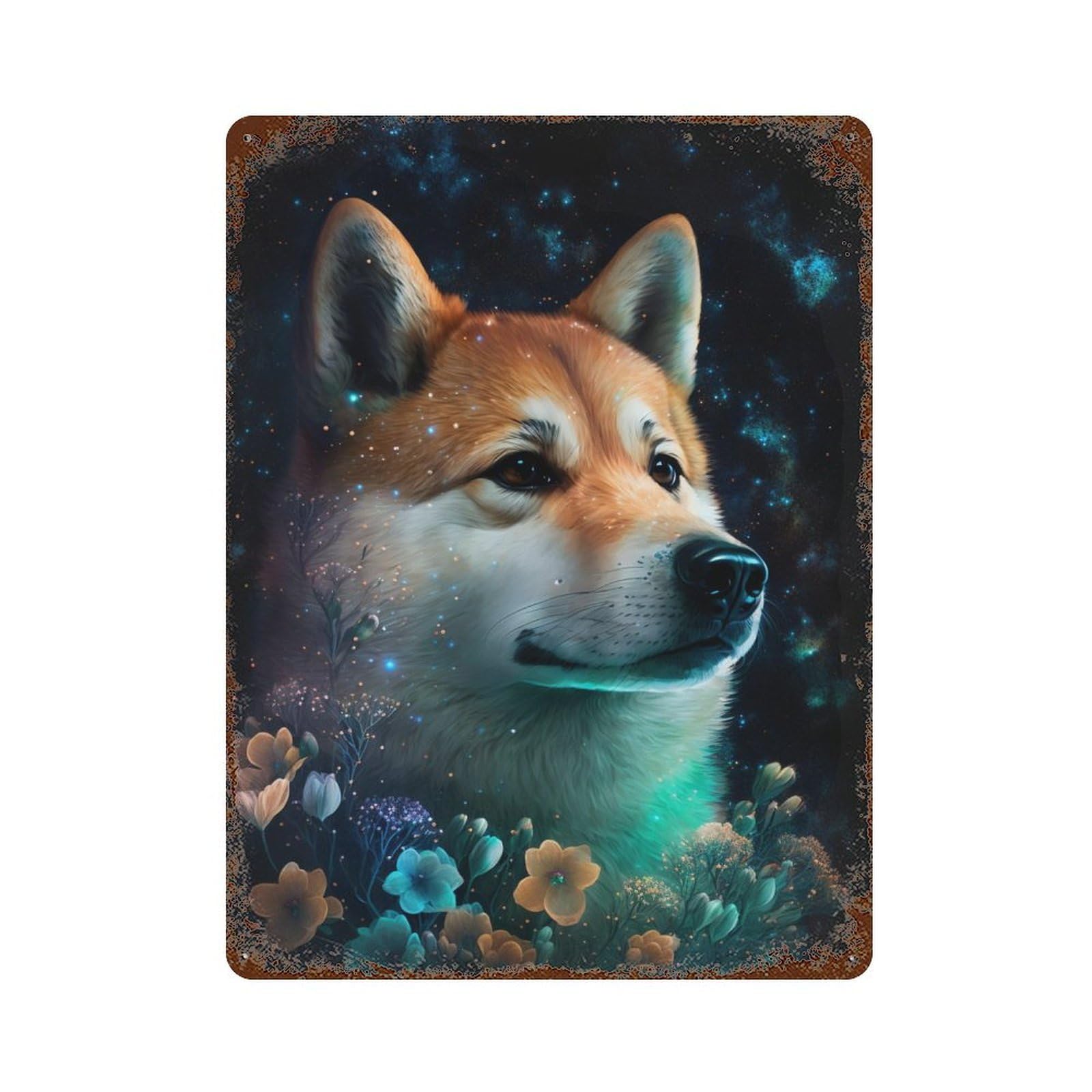 Magical Wolf Portrait with Flowers Rusty Metal Tin Sign 15.7"x11.8", Ideal for Shed, Workshop And Garage Wall Decor
