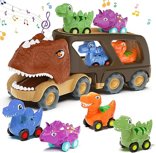 Juguetes de dinosaurio para niños de 3 a 5 años, camión transportador de dinosaurios con 4 unidades de autos pequeños de dinosaurio de tracción